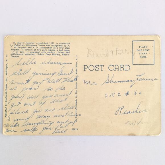 St Mary's Hospital Huntington West Virginia 1940s Linen Postcard WV PC Medical - Picture 2 of 2